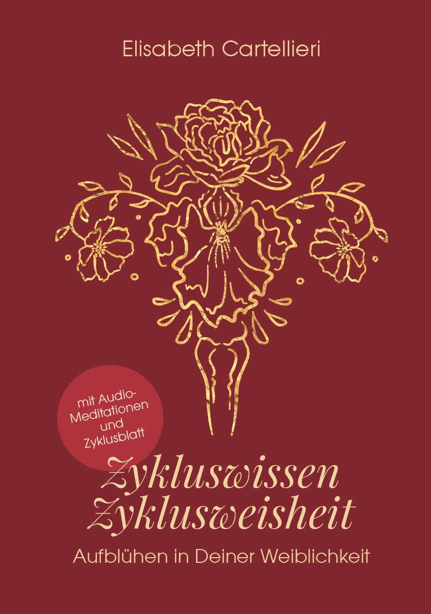 Elisabeth-Cartellieri-Zykluswissen-Zyklusweisheit-Buch-Cover-web Frau im Schneidersitz mit Rosenquartz Kugel vor dem Bauch. Gebärmuttersegnung nach Miranda Gray